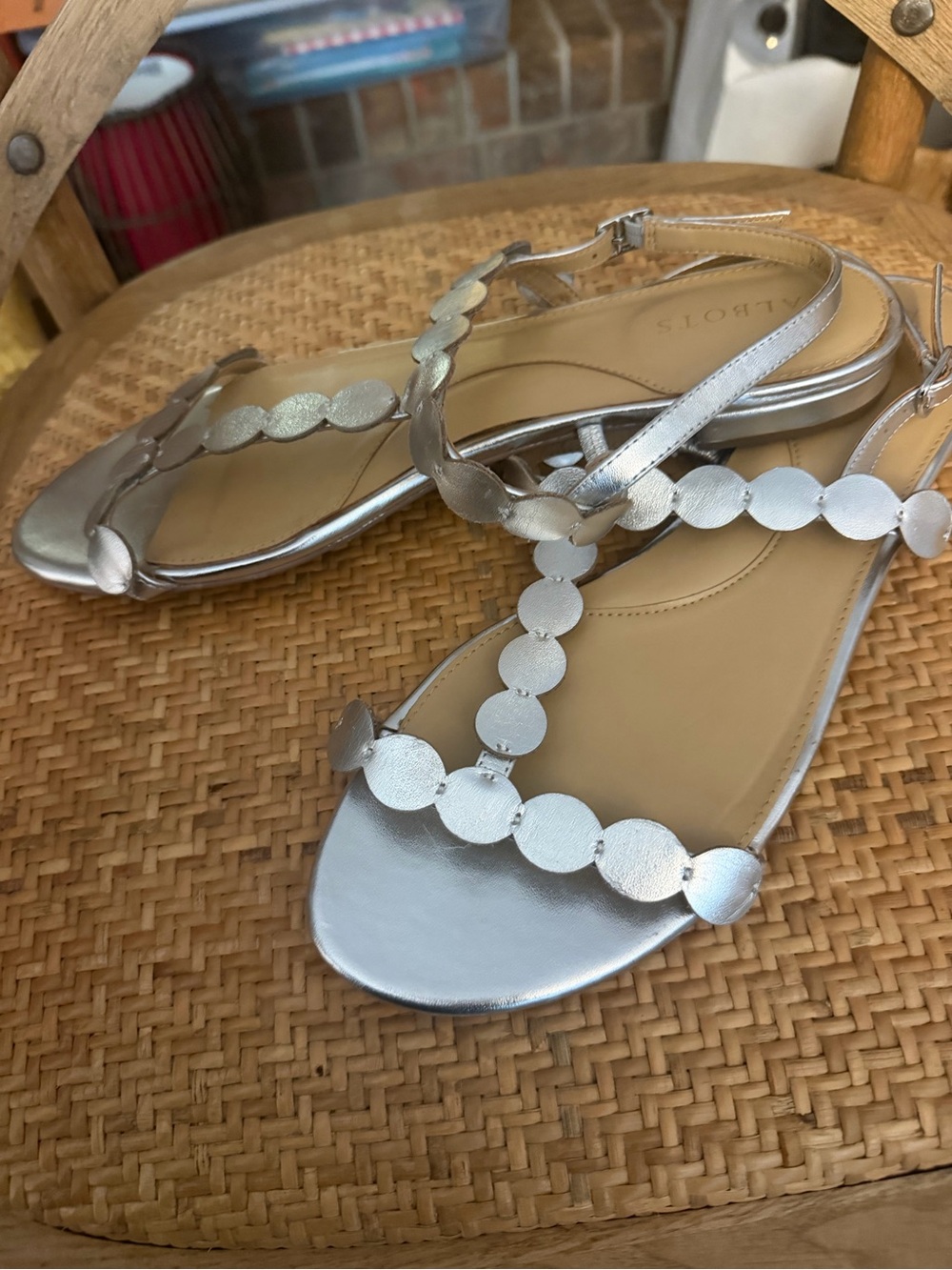 Talbots Silver Metallic T-Strap Circle Detail Sandals